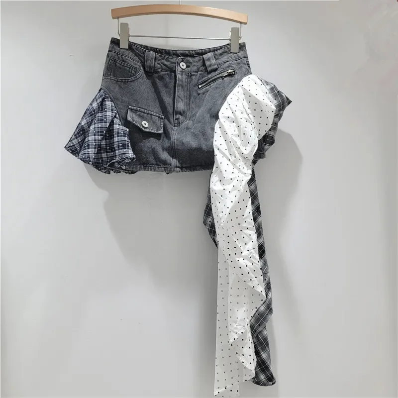 Women's Denim Skirts Fashion Summer 2025 New Patchwork Polka Dot Plaid Printed A-line High Waist Short Skirt Streetwear Y2K
