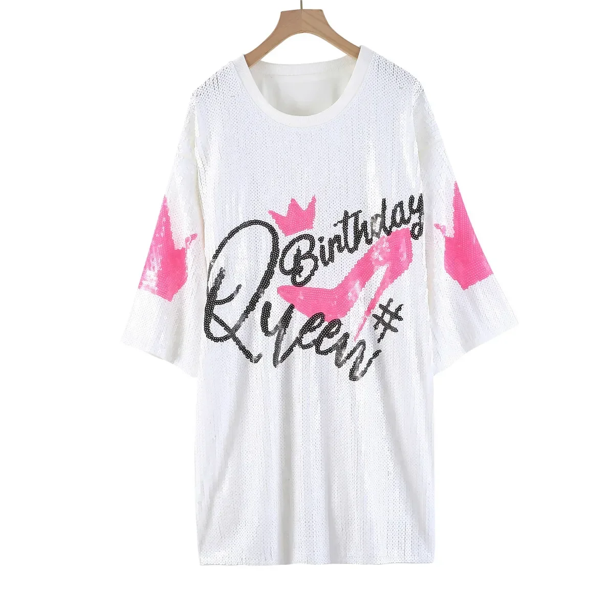 Camisetas de manga corta con lentejuelas para mujer, ropa sencilla y letras para fiesta de cumpleaños con cuello redondo, novedad de 2025