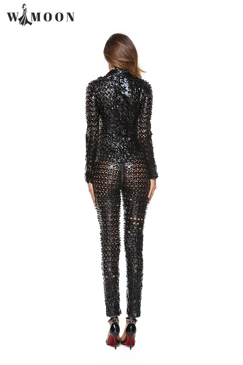 Brightly Nightclub with Circle Holes Jumpsuits 2023 Spring Sexy Bodycon Hollow Out Silver Mesh Long Sleeve Party Women Outfits