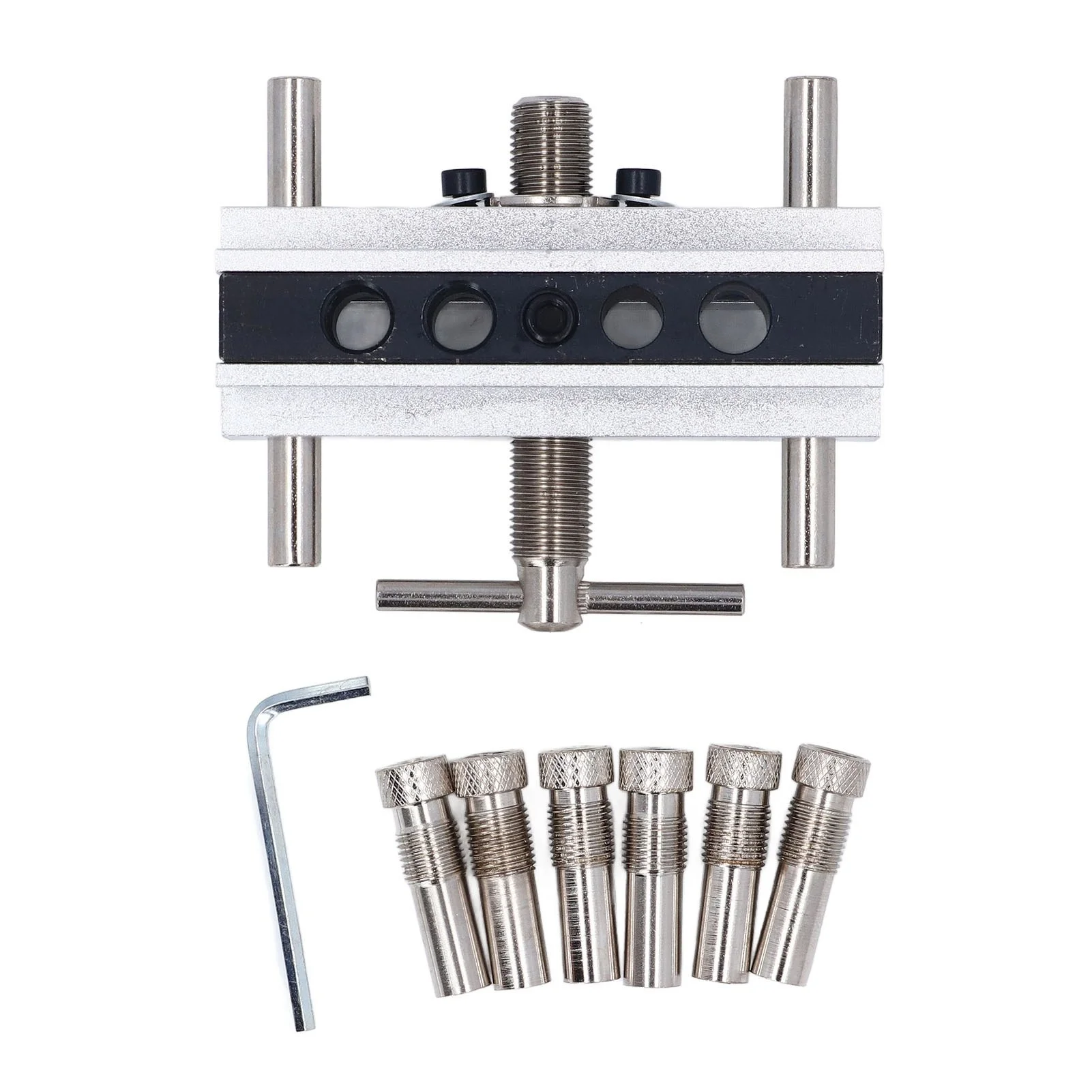 Self Centering Doweling Jig Kit Metric Adjustable Width Drilling Guide Wth 6 Bushings For Straight Holes Silver