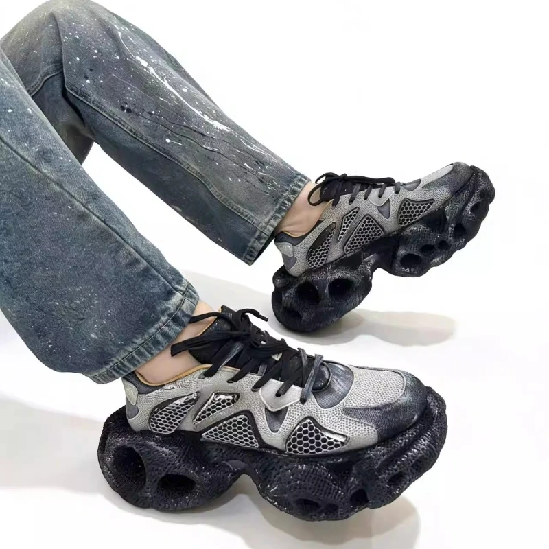3D Original Printed Shock-absorbing Casual Sports Shoes for Men's TPU Soft Bottom Daddy Shoes Thick Sole Height-increasing Shoes