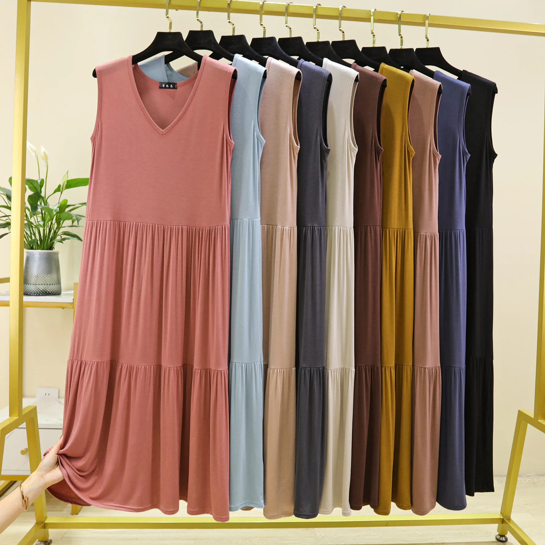 Women's Modal Tank Top dress V-Neck summer Tiered long dress sleeveless Causal A-Line sundress