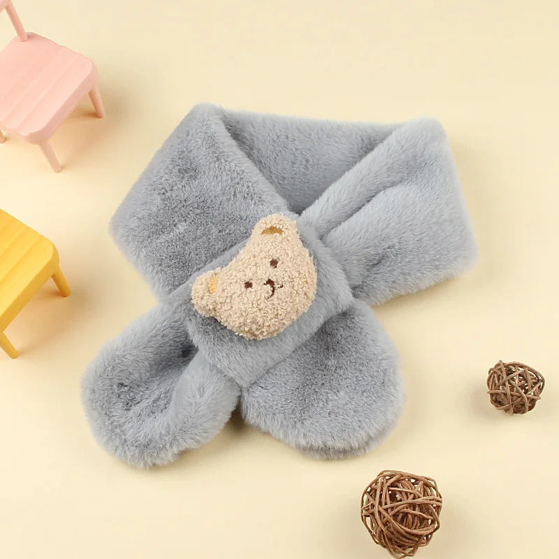 Korean Cute Bear Plush Baby Scarf Solid Color Winter Warm Scarves For Kids Girls Outdoor Warmer Cross Neckerchief