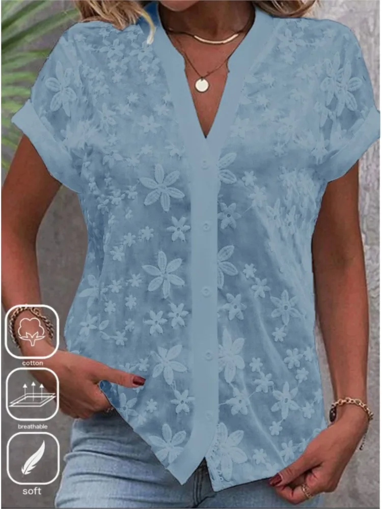Summer Casual V-neck Shirt Womens Blouse Fashion White Short Sleeve Shirts Button Top Office Ladies Elegant Blouse Tops