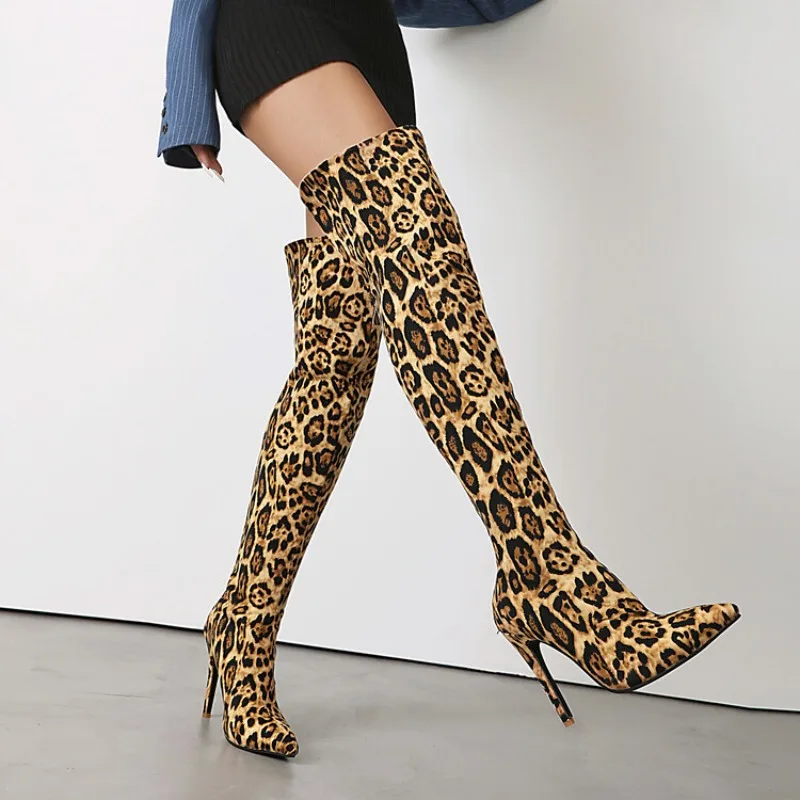 

New Leopard Print 12cm High-heeled Knee High Boots Pointed Back Zipper Leather Thigh Boots Pole Dancing Sexy Model Boots 35-45