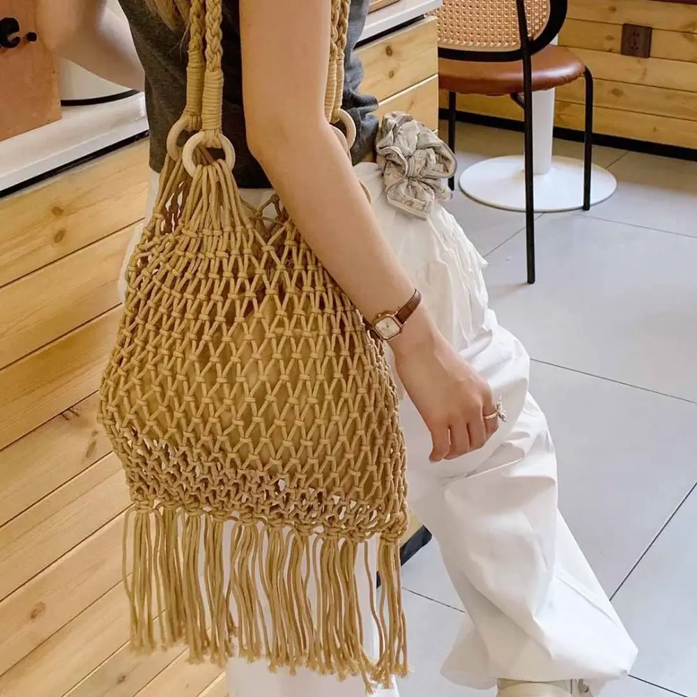 

Hollow Out Cotton Thread Woven Bag Beach Handbag Bohemian Style Tassel Beach Bag Large Capacity Bucket Bag Hollow Shoulder Bag