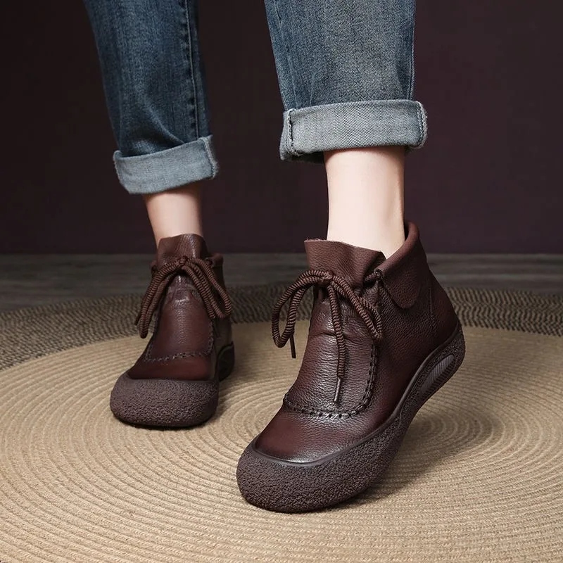 

Women's boots 2025 vintage handmade soft leather sewing autumn and winter fashion flat boots low heel round toe women's boots