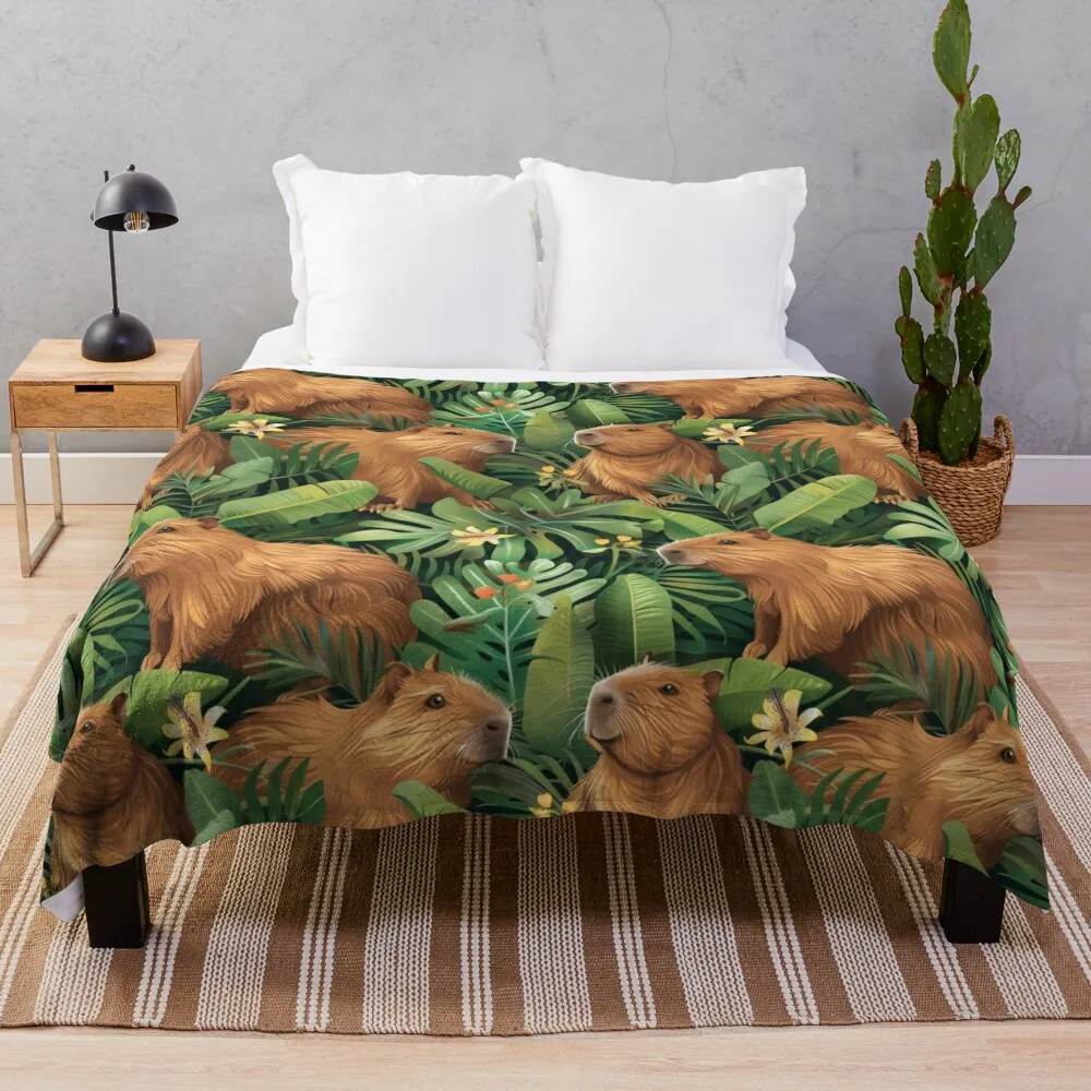 Cute capybaras frolic amidst lush tropical plants Throw Blanket Beach Blankets For Baby Luxury Thicken Blankets