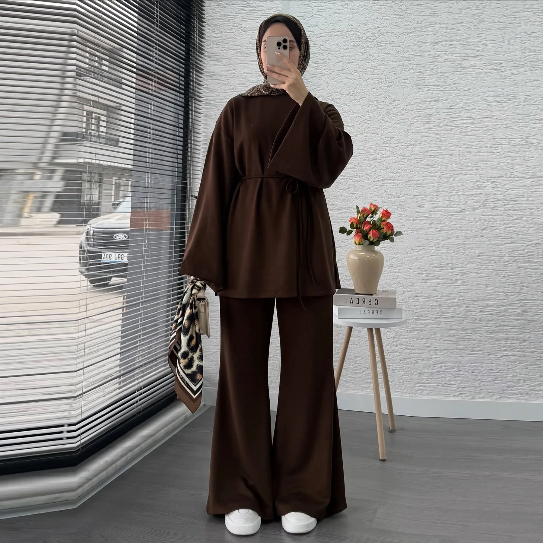 

Ramadan Women Muslim Eid Belted Tracksuit Set Modest Islamic Clothing Tops and Pants Suit Islam Outfit Abaya Set Femme Musulmane