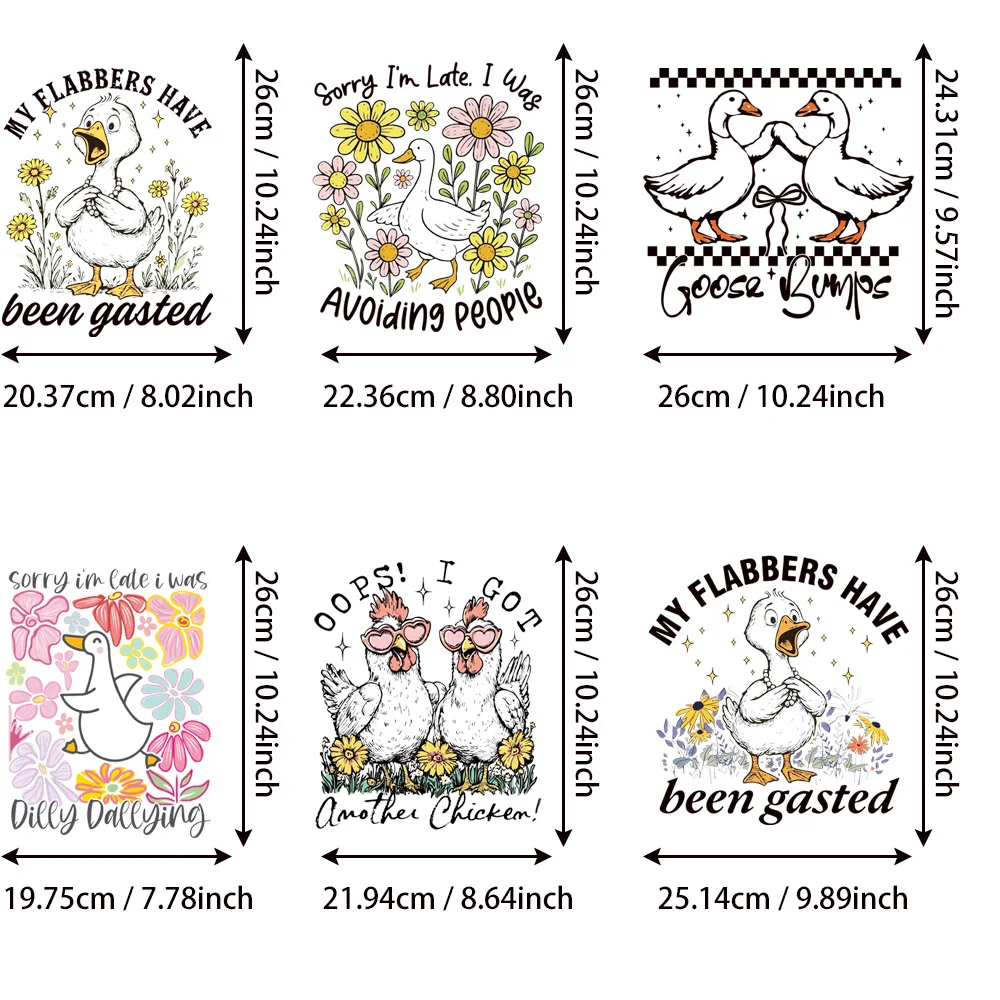 6 قطع من ملصقات نقل الحرارة على شكل أوزر كرتوني ودجاج المزرعة - ملصقات فينيل قابلة للغسل، مناسبة للملابس التي تصنعها بنفسك