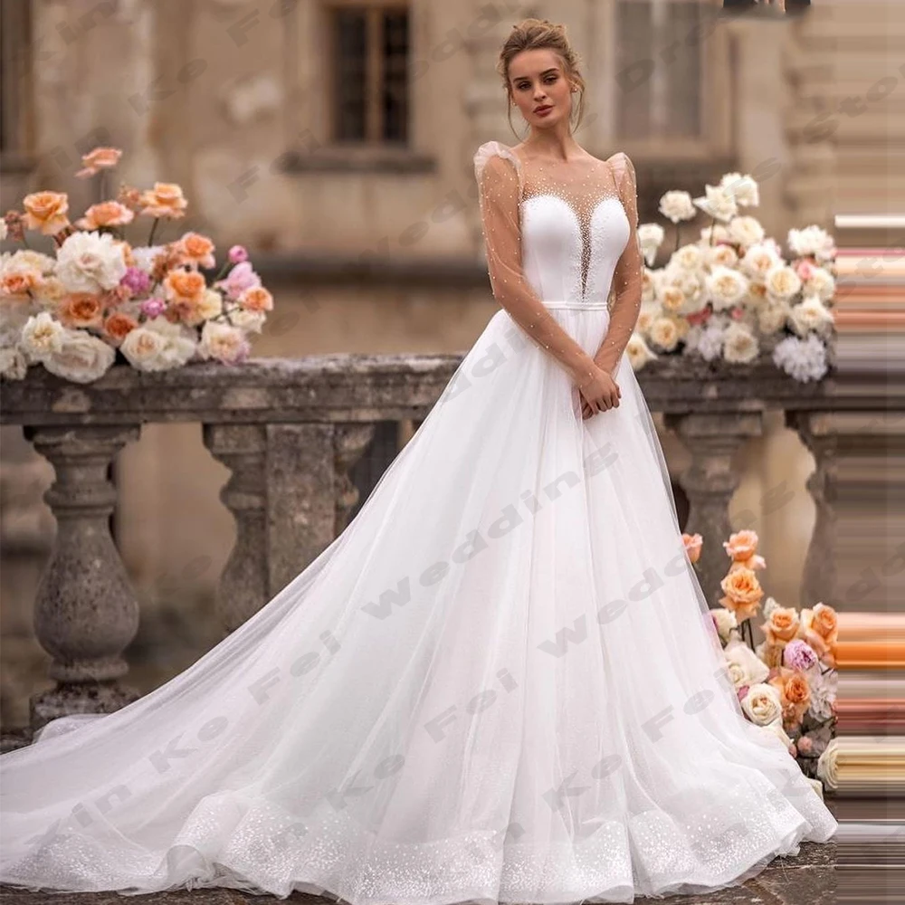 Vestidos femininos boêmios de manga comprida, renda espumante, linha A, baile da princesa, vestidos de noiva, roupões formais, festa na praia, elegante