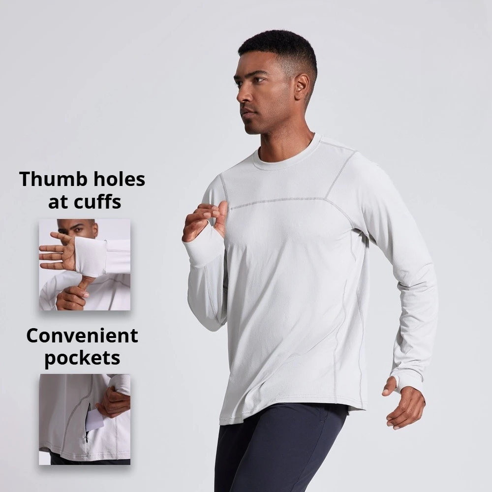 

Men’s Autumn Winter Marathon Running Long Sleeve T-Shirt – Quick Dry Loose Fit Sports Pullover with Thumb Holes and Pocket