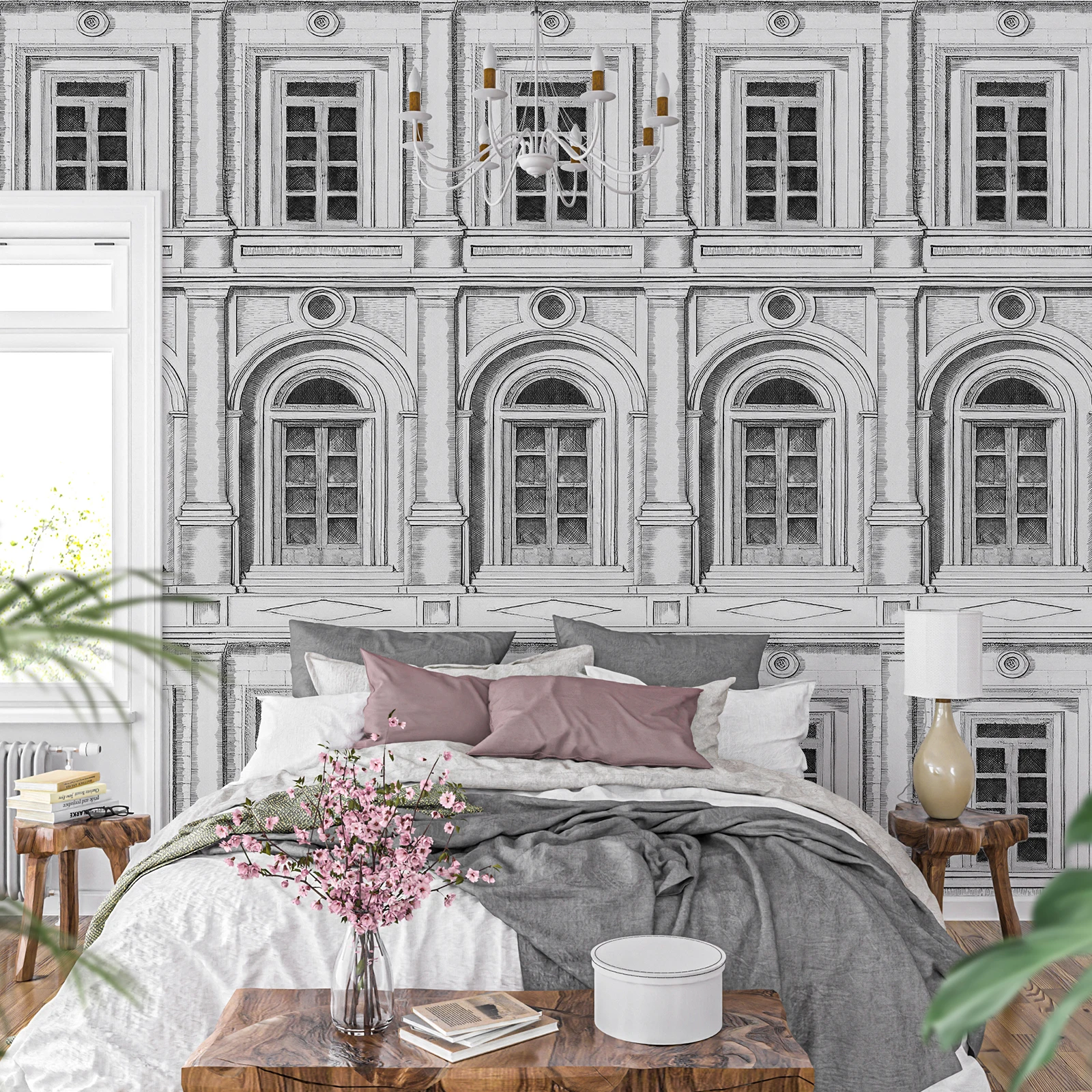 

Retro European Palace Grey Mural Srchitectural Style Peel And Stick Customized Mural Self-adhesive Canvas Cloth Wallpaper