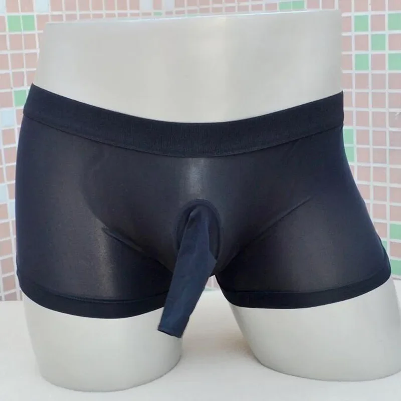 Open Elephant Nose Underwear Men Ice Silk Cuecass  Shorts Low Waist U Convex Pouch Underpant Transparent Panties A50