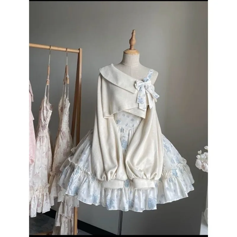 2025 New Japanese Lolita Floral Print Off-Shoulder Strap Dress Sweet Summer Autumn Long Sleeve Lantern Sleeve Tops Two-piece Set image 3
