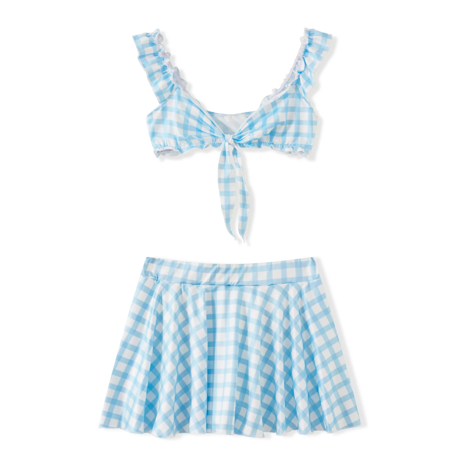 

Женский комплект летней юбки, стильный клетчатый декоративный бюстгальтер с бантом спереди и мини-юбка с низкой талией