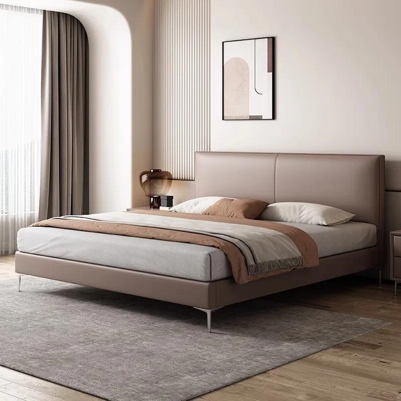 

The first layer of cowhide leather bed is simple and modern, small apartment bedroom light luxury Internet celebrity double