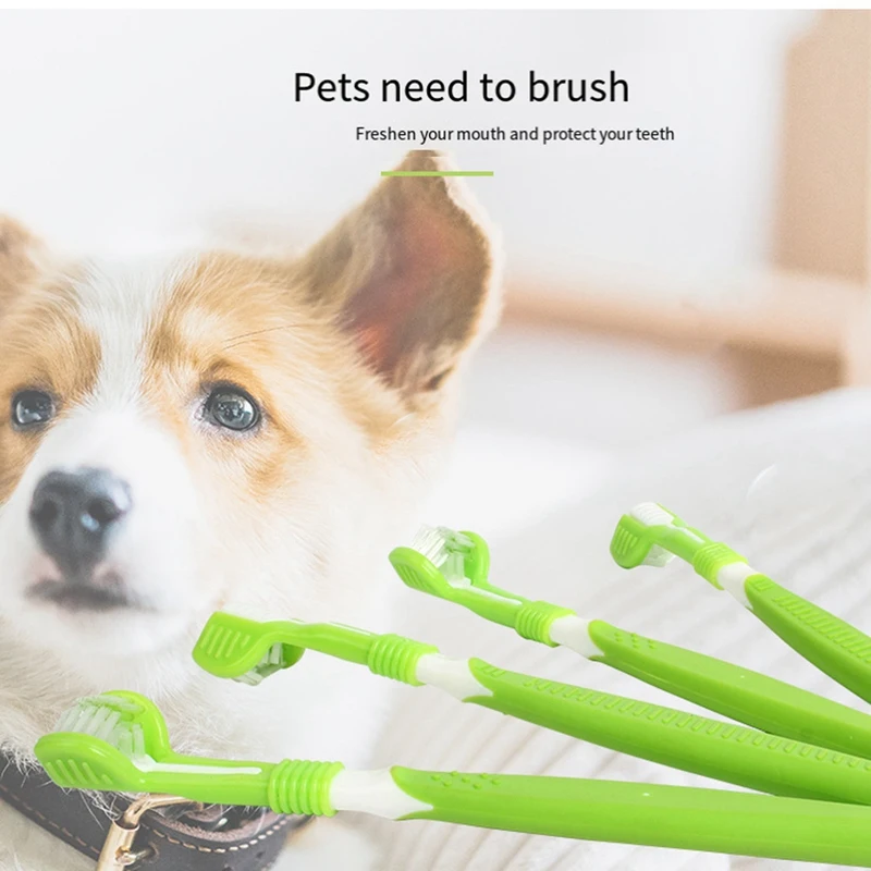 4トリプルヘッド犬用歯ブラシ、3パック、ゴム、マルチアングル、ペット用