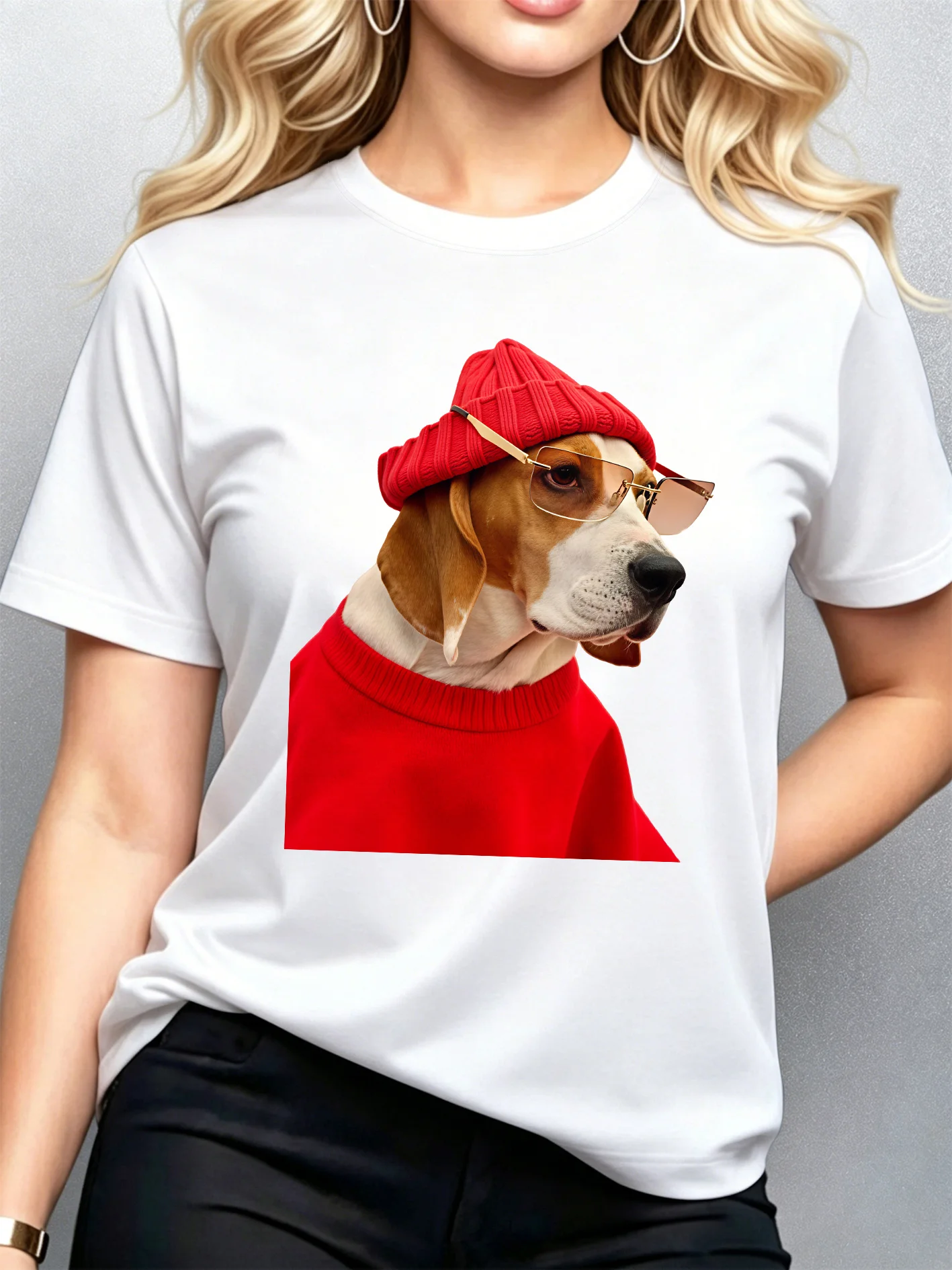 Stylish Beagle Red Knit Hat Womens Crew Neck Short Sleeve T Shirt Cool Sunglasses Dog Lover Graphic Tees For Ladies Daily Wear