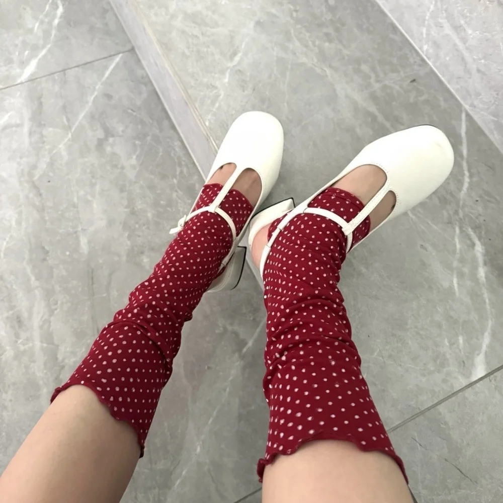 Korean Style Ruffle Edge Polka Dot Leg Warmer Slouch Mid Calf Socks Women Soft Thin Stackable Dot Print Knee High Decorations view 2