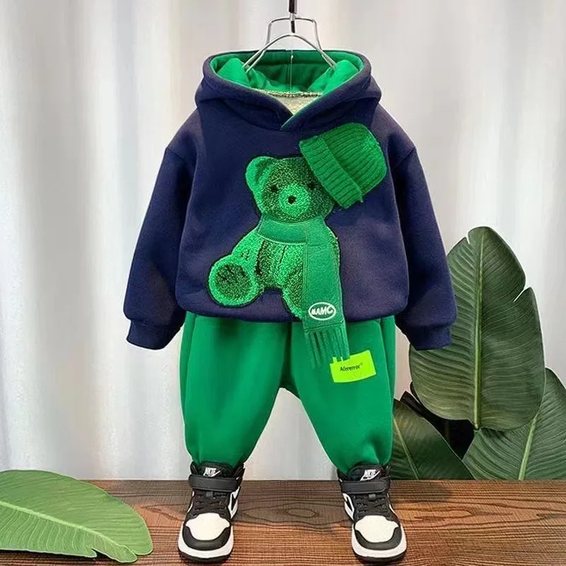 Winter Thicken Lamb Wool Baby Girl Boy Clothes Set Children Sports Cartoon Bear Sweatshirt Top+Pants 2 Pcs Suit Cotton Tracksuit