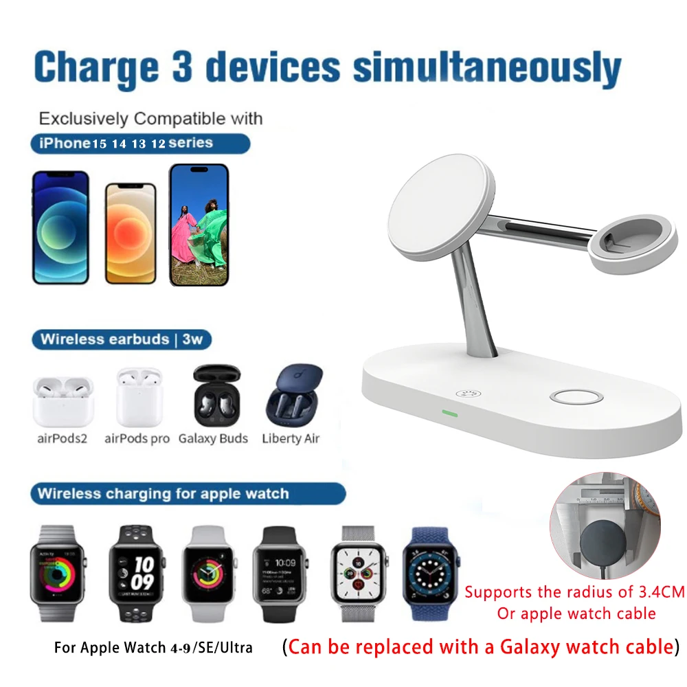 3 in 1 Magnetic Wireless Charger For iPhone 16 15 14 13 12 Charging Station for Apple Watch 10 9 8 7 6 5 Airpods Pro 2 3