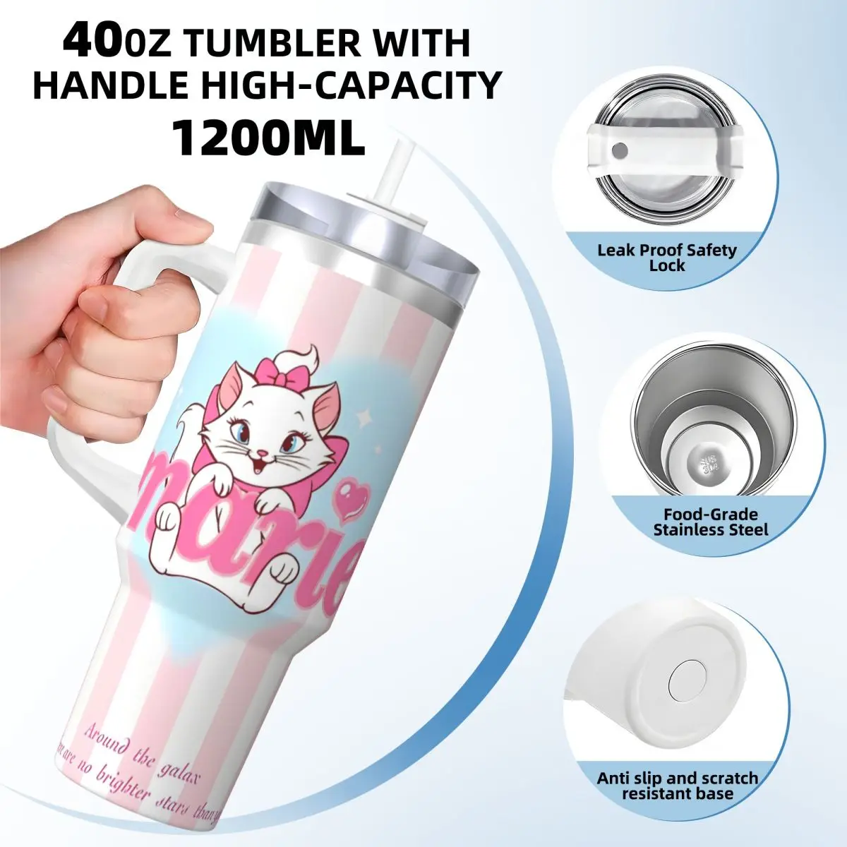 Marie Cat Cartoon Stainless Steel Tumbler Driving Car Mugs Large Capacity Thermal Cups Heat Cold Drink Milk Tea Water Bottle