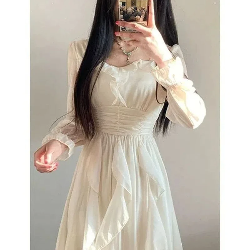 Style Long Sleeved Dress for Female Students Simple Commuting Temperament Waist Cinched Slim Fit Knee High Mid Length Skirt