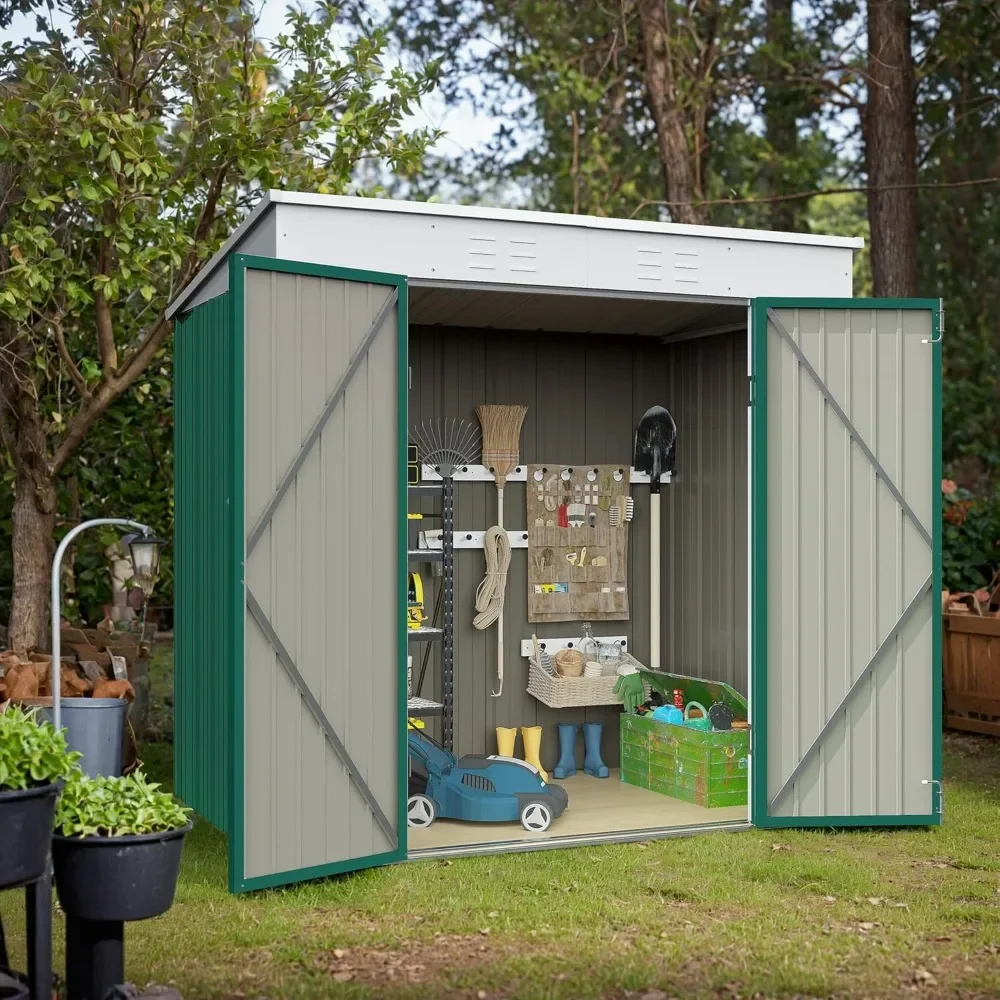 Outdoor Storage Shed, Metal Garden Tool Sheds & Outdoor Storage House with Sloped Roof for Patio Lawn Backyard (Green)