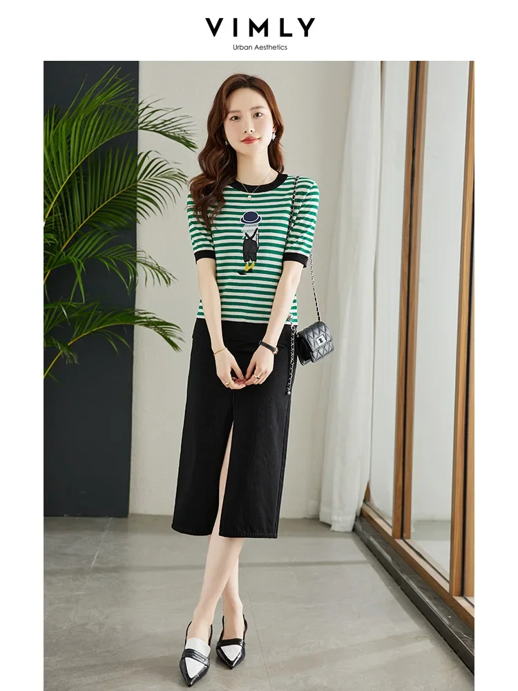 Vimly Summer Thin Green Striped Sweater Women 2023 Fashion Bright Silk Knitwear Short Sleeve Cute Embroidery Loose Knitted Tops