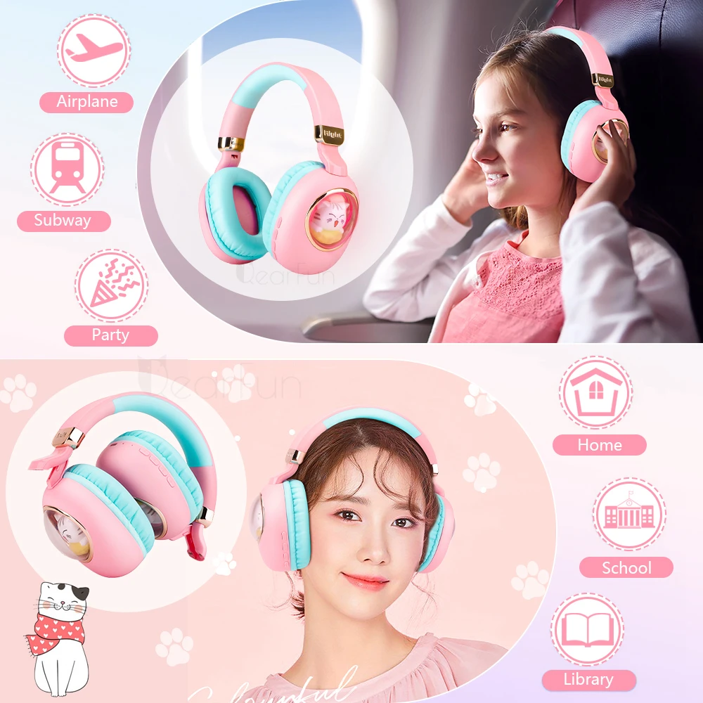 หูฟังสำหรับเด็กหูแมวน่ารักพร้อมไมค์ไฟ LED ชุดหูฟังบลูทูธสเตอริโอของลูกสาว Headphone anak perempuan สำหรับโรงเรียนของขวัญการเดินทางที่บ้าน