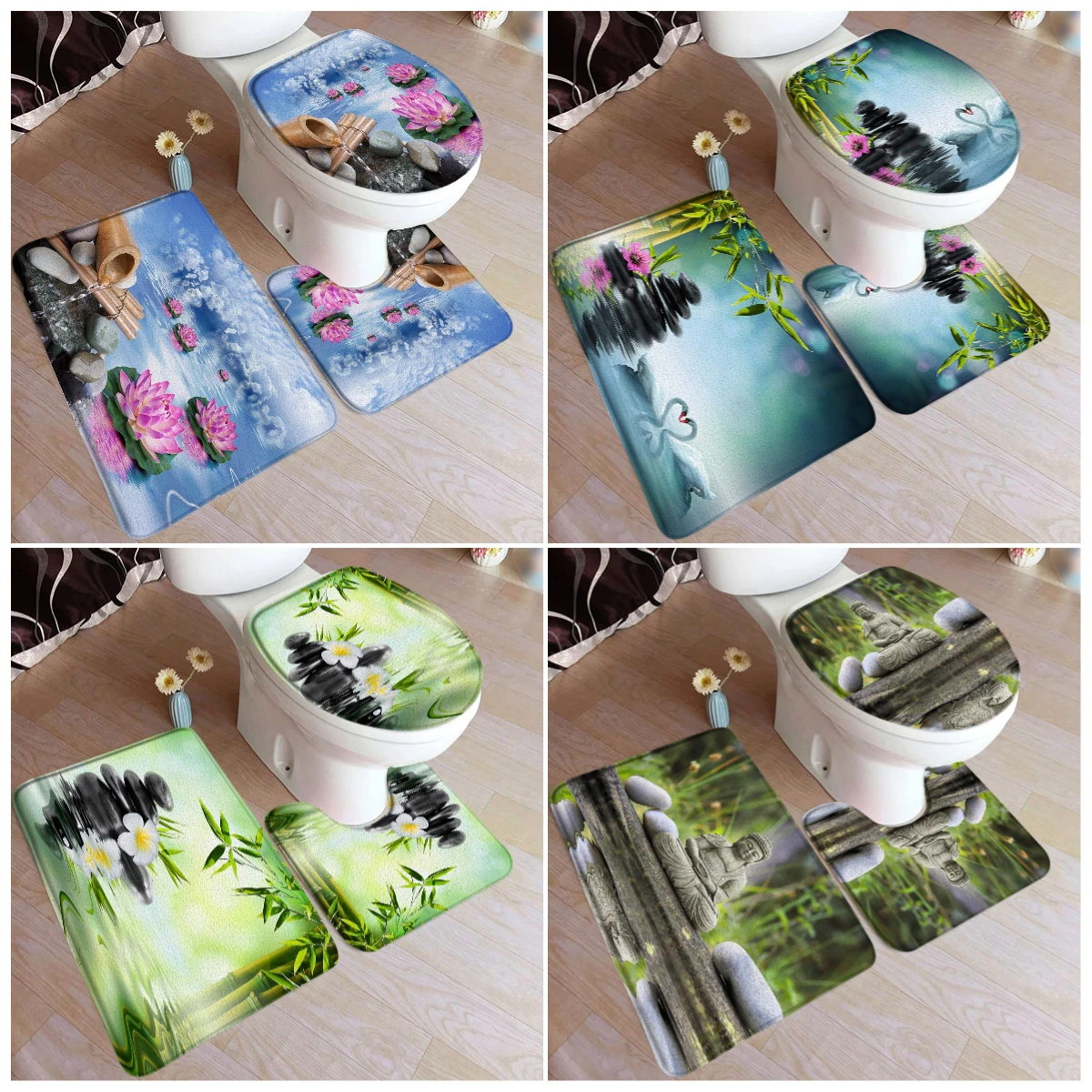

Zen Bath Mat Set Green Bamboo Buddha Swan Pink Lotus Flowers Spa Scenery Home Doormat Bathroom Decor Floor Rugs Toilet Lid Cover