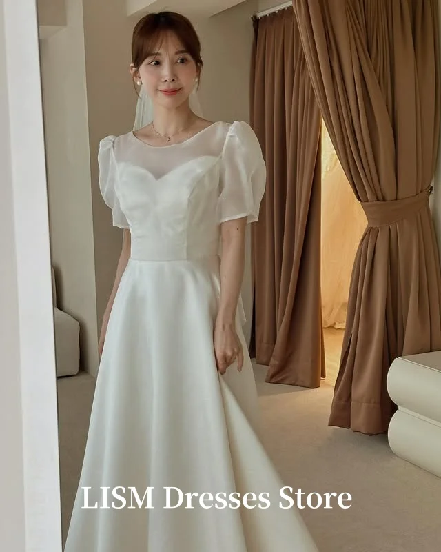 

LISM O-Neck Short Sleeves A-Line Korea Wedding Dresses Soft Organza Satin Photo Shoot Long Bridal Gowns 웨딩드레스 Customized