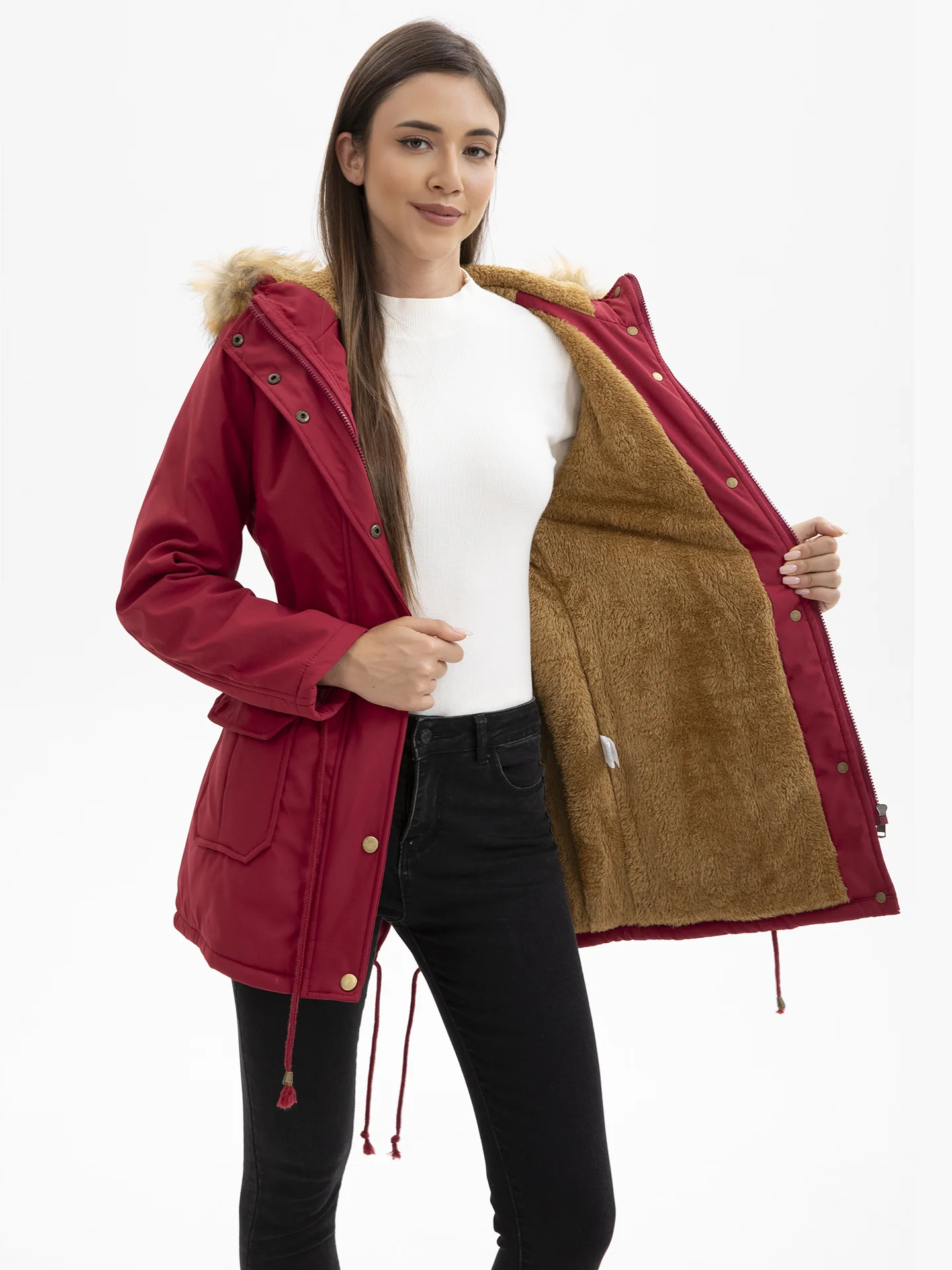 Women's Thickened Cotton-Padded European-Sized Coat Autumn Winter Fleece Lined with Cap Fur Collar Cinched Waist