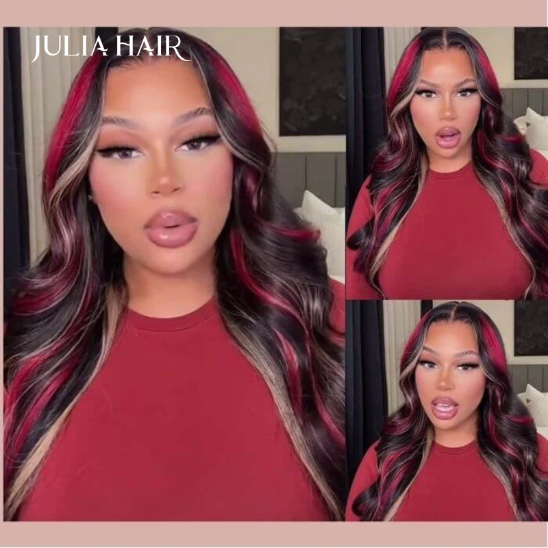 Julia Hair Black with Red & Blonde Highlights  Pre-Plucked 13x4 Lace Frontal Multi Color Highlights Loose Wave Human Hair Wigs