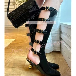 Gold Ball Heel Buckle Strap Mid Calf Sandals Women Fashion Rome Round Toe Strange Style Shoes Female Casual Punk Party Sandals