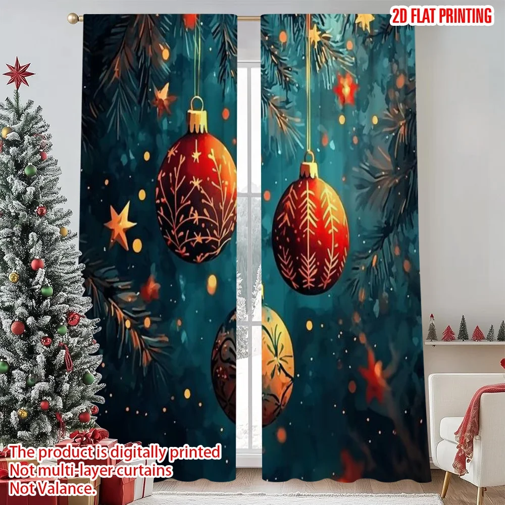 

2pcs 2D flat printing Merry Christmas Popular Drapes Christmas red orange orbs with blue snowflakes and winter branches