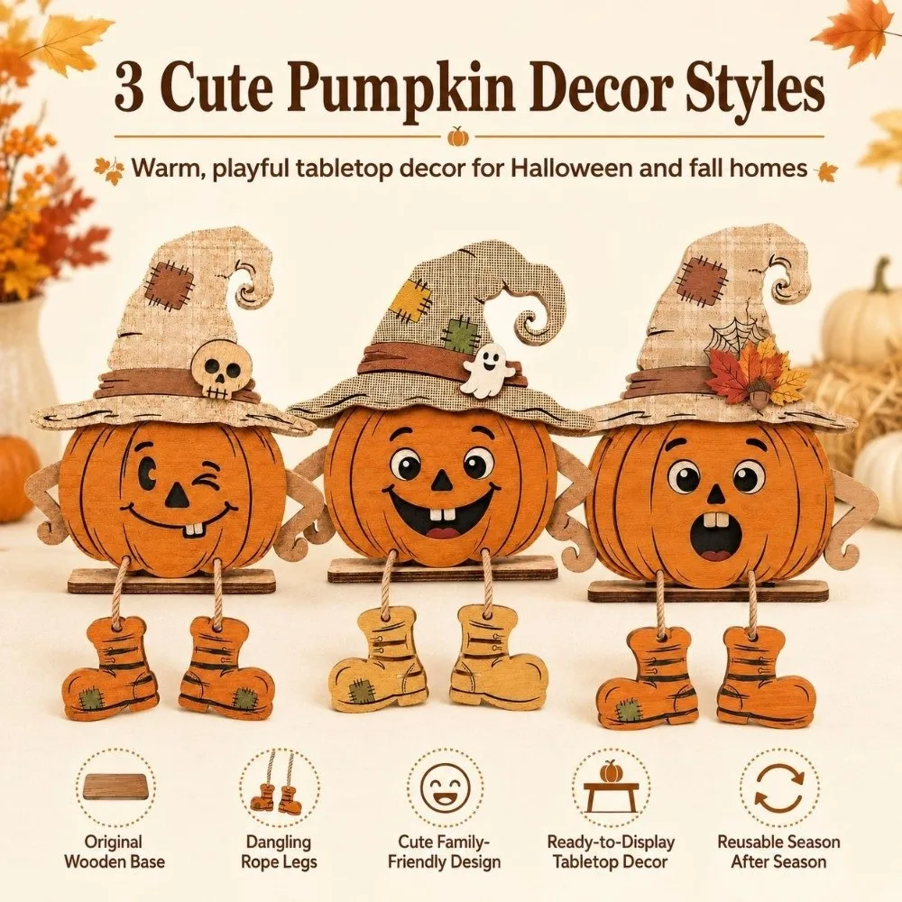 3Pcs 2D Flat Pumpkin-Shaped Wooden Ornaments Vintage Hand Painted Fall Pumpkin Table Ornament Pastoral Stable Base