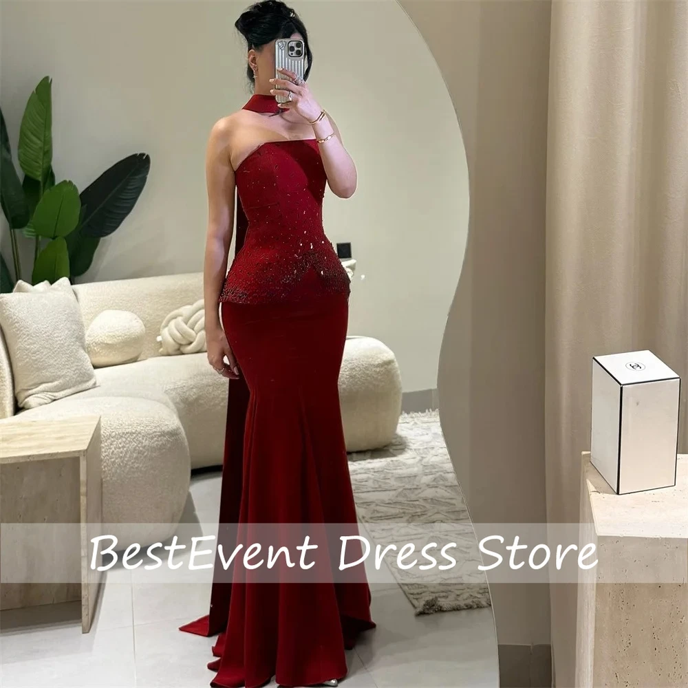 

Customized Luxury Beading Sexy Mermaid Strapless Floor Length Evening Dresses Bespoke Occasion Prom Dresses with Court