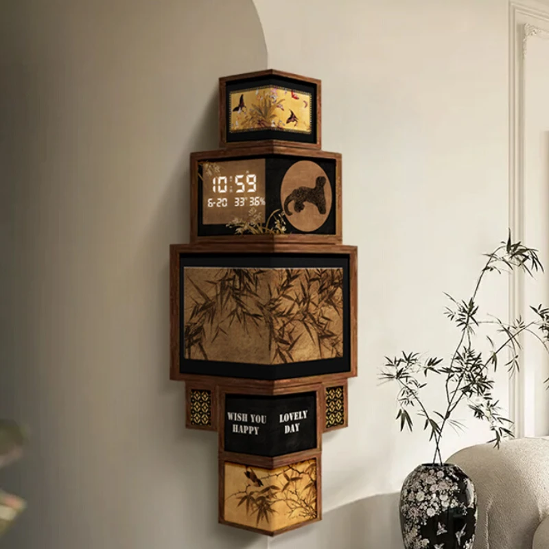

Mid Ancient Style Corner Decoration Painting Retro Living Room Corner Perpetual Calendar Electronic Clock Creative Art Mural