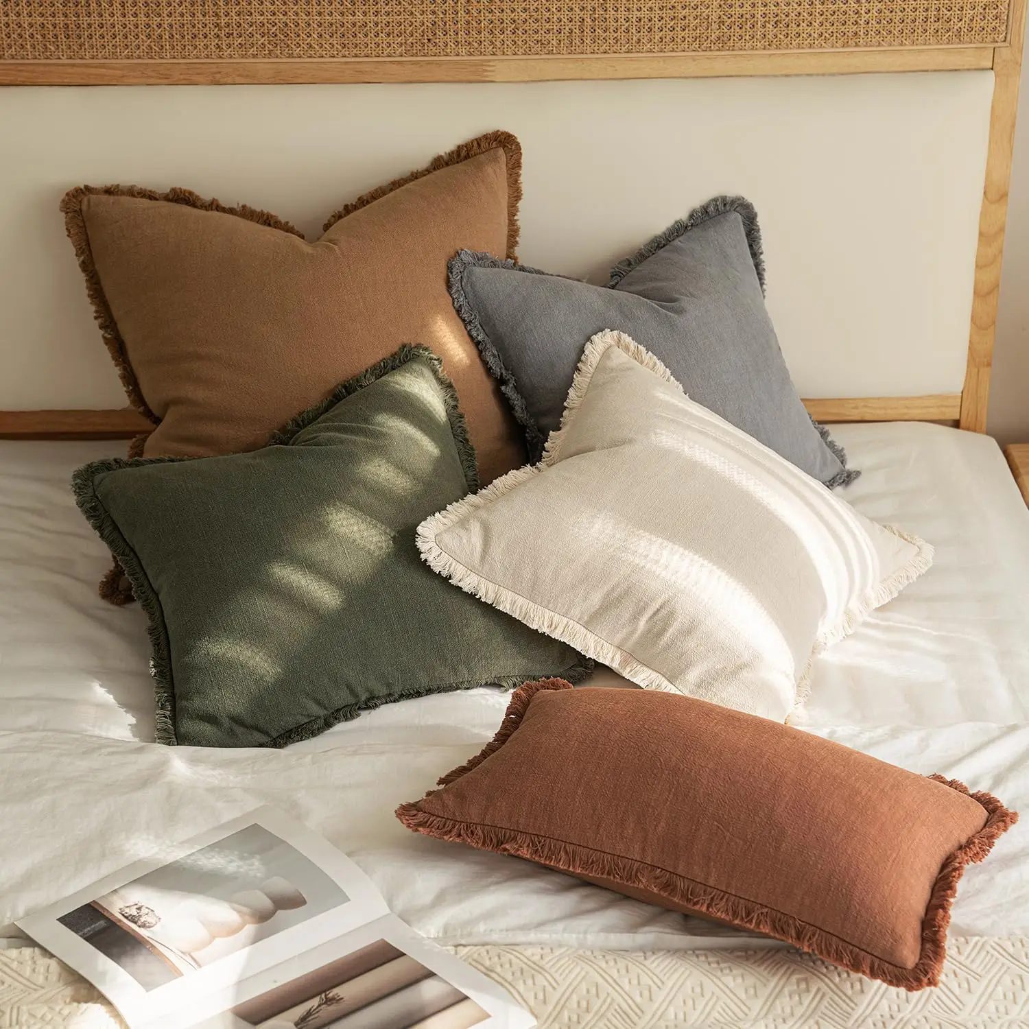 30x50cm Linen Fringe Lumbar Throw Pillow Covers, Cozy Boho Cushion Cover with Tassels, Soft Accent Pillowcase for Sofa Bed
