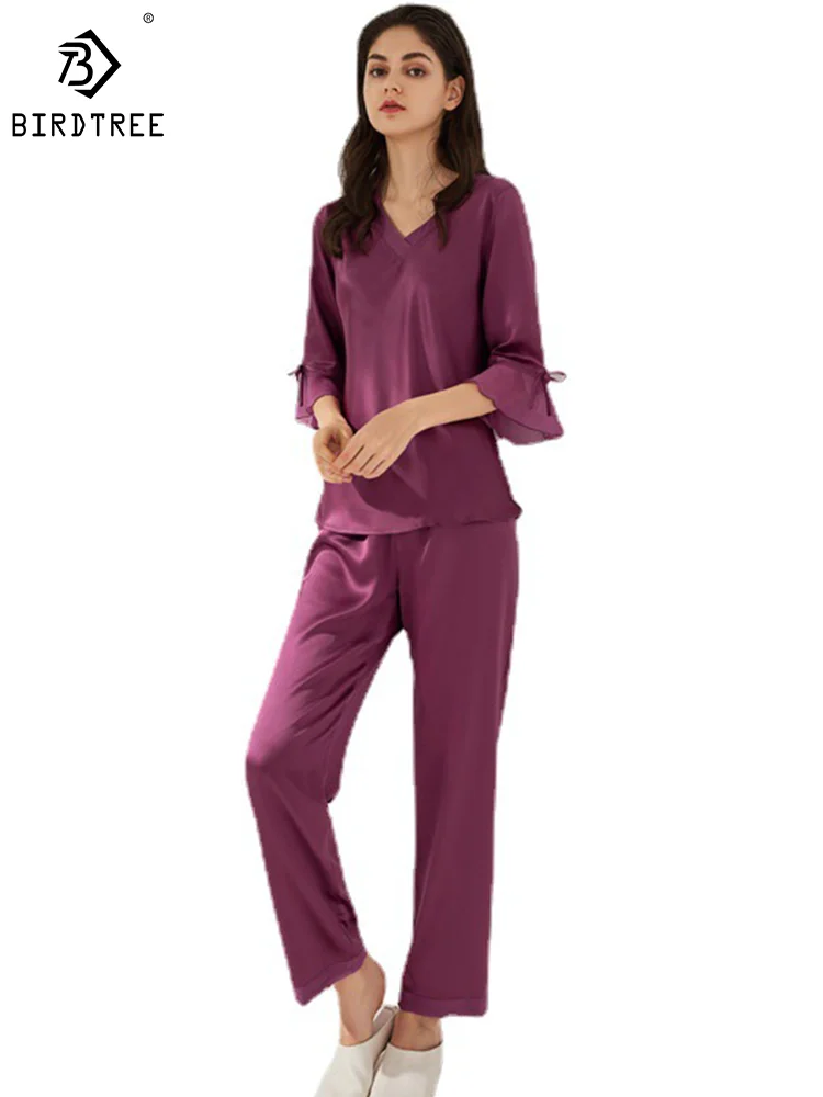 Birdtree 22MM 100%Mulberry Silk Pajama Set Women Crepe Lace-up Home Clothing Long Pants Elegant Loungewear 2024 Spring P3D9117QM