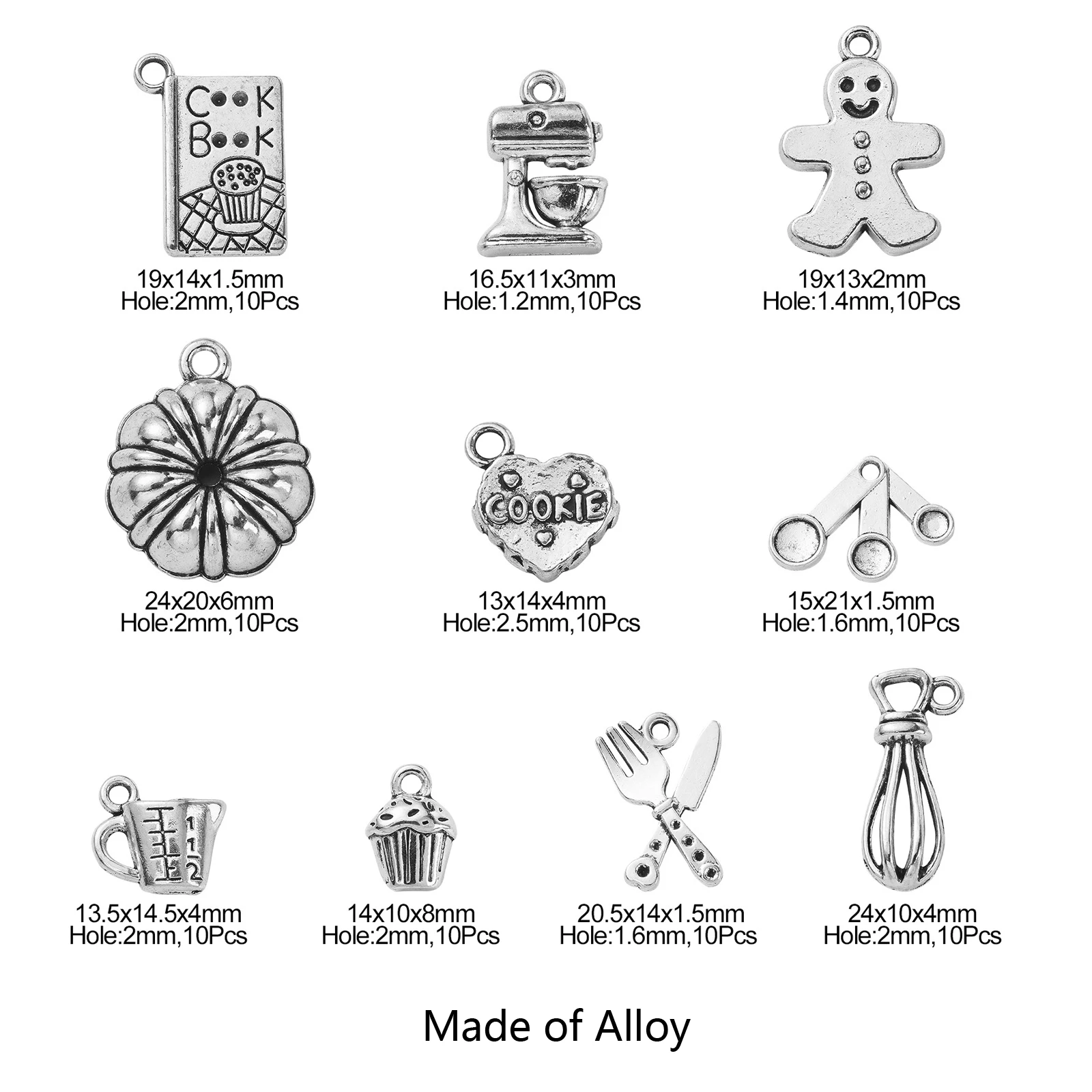 PandaHall 100pcs 10Styles Tibetan Baking Charms Kitchenware Cook Book Measuring Cup Cake Cookie Charms for Jewelry Making ﻿