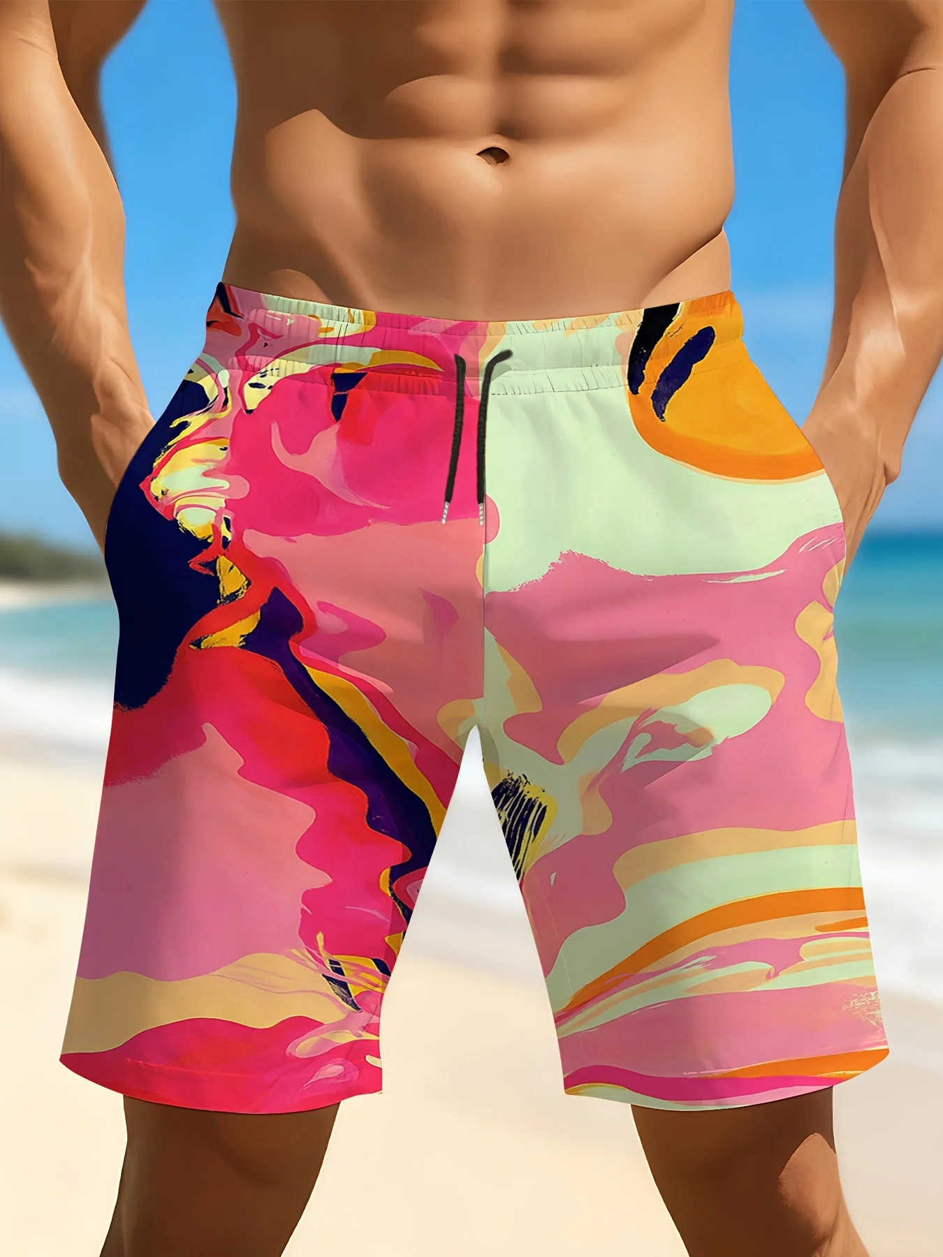 

Мужские пляжные шорты с абстрактным принтом в розово-оранжевых тонах, на шнурке, быстросохнущие, повседневные плавки 2026