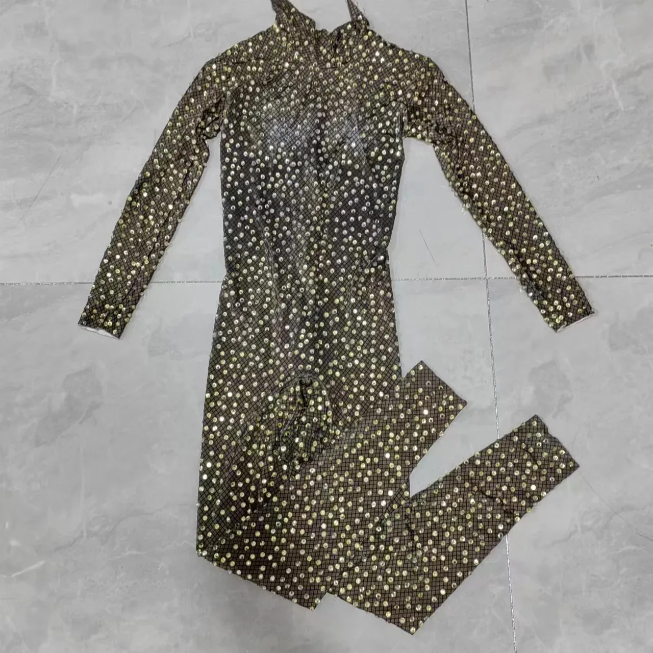 Full Rhinestones Jumpsuit Women Elastic Long Sleeve Crystal Rompers Sexy Party Rave Outfit Nightclub Bar Stage Wear