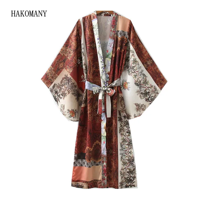 

2021 Kimono Blouse Ethnic Batwing Long Sleeve Shirt Tie Bow Sashes Loose Tops Women Vintage Multicolor Brown Floral Printed