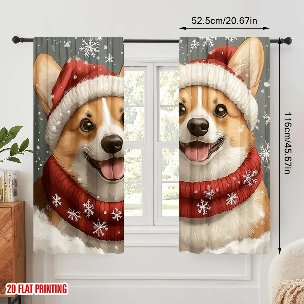 2pcs,2D plane printing Curtains&Window Treatment Cute Corgis Winter Snowfall (3) Polyester Fabric (without rod) Art Deco Festive