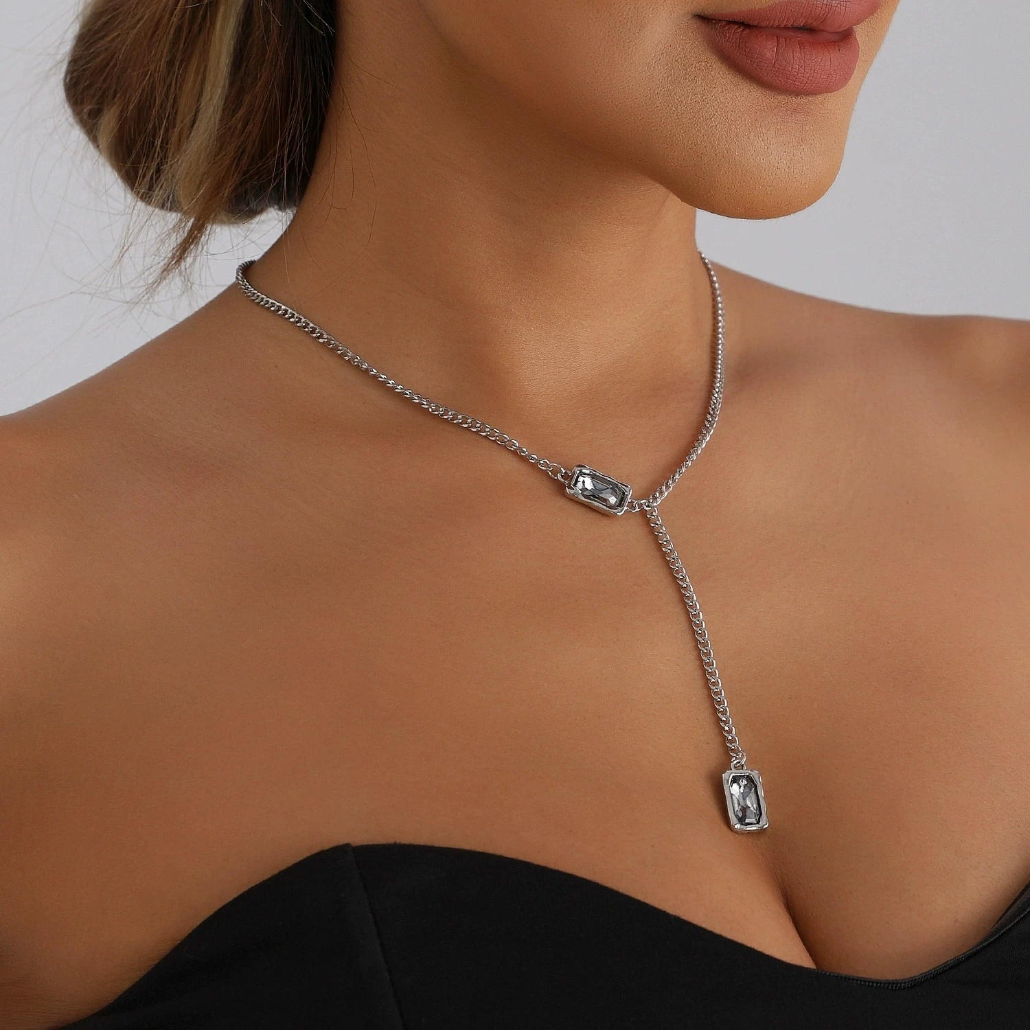 Fashionable geometric square diamond Y-shaped necklace ins, personalized, simple, sweet and cool girl necklaces