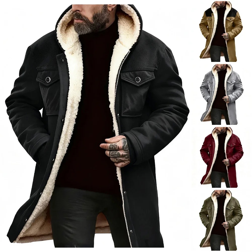 남성용 후드가 달린 중간 길이 스웨이드 플러시 따뜻한 재킷, 긴 소매와 기능성 포켓이 있는 일상복용 지퍼 코트