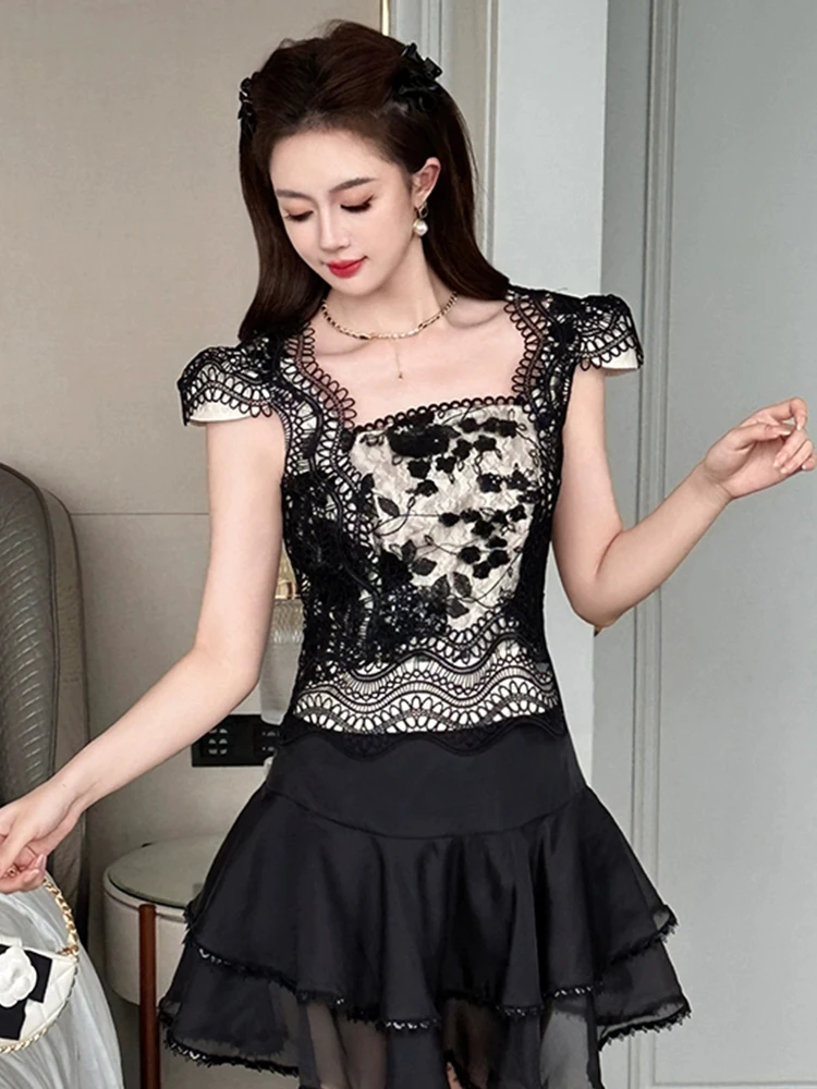 Maglietta da donna Socialite Sweet Birthday Party Maglietta femminile carina con gancio nero Fiore maniche corte Data Top Lady Prom Club Camicetta Femme